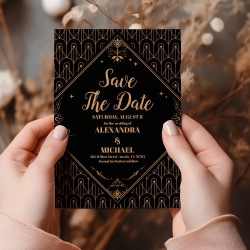 Black Gold Elegant Geometric Art Deco Wedding  Save The Date