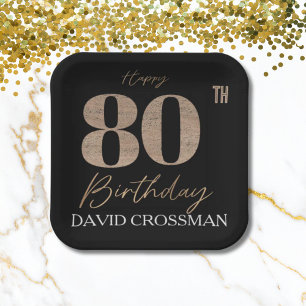 Black & Gold Elegant Glitter 80th Birthday  Paper Plates