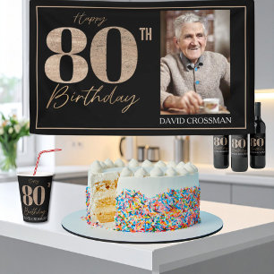 Black & Gold Elegant Glitter 80th Photo Birthday  Banner