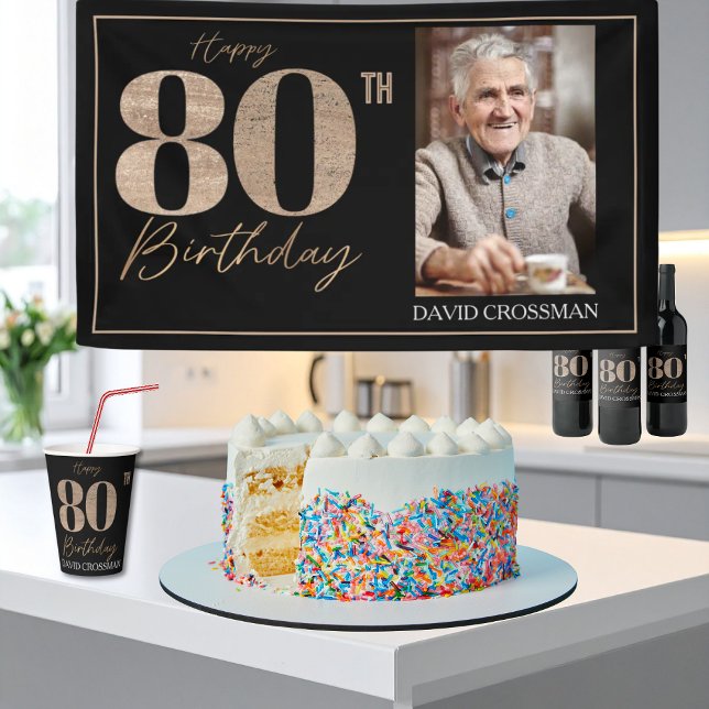Black & Gold Elegant Glitter 80th Photo Birthday  Banner (Creator Uploaded)