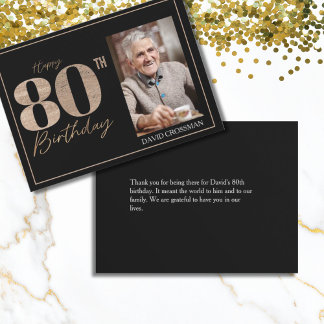 Black & Gold Elegant Glitter 80th Photo Birthday  Thank You Card