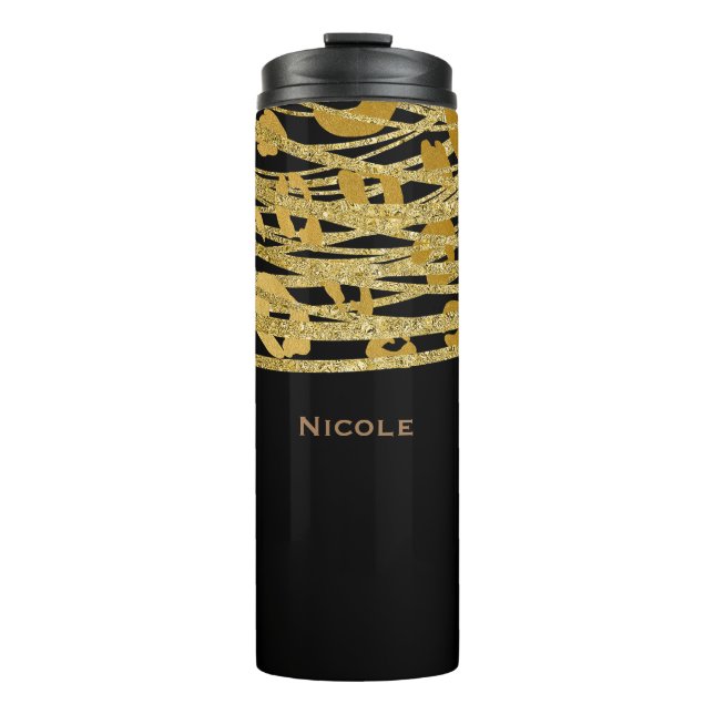 Black & Gold Elegant Glitter Leopard Cheetah Print Thermal Tumbler (Front)