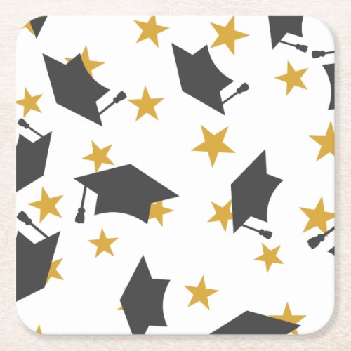 Black Gold Elegant Graduation Caps Stars Pattern   Square Paper Coaster