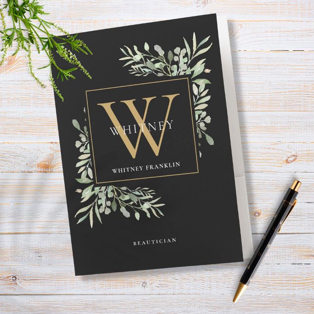  Black Gold Elegant Greenery Leaves Monogram  Pocket Folder (Creator Uploaded)