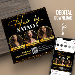 Black Gold Elegant Hair Stylist Digital Flyer Card<br><div class="desc">Promote your hair styling services with this elegant and modern digital flyer. Featuring a stylish black and gold design, it's perfect for showcasing your expertise and attracting new clients. The flyer includes space for your name, contact information, and a QR code for easy booking. Customize it with your services, prices,...</div>