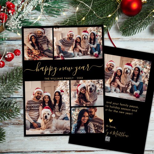Black Gold Elegant Happy New Year 5 Photo Collage Holiday Card