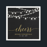 Black & Gold | Elegant Lights Adult Birthday Party Napkins<br><div class="desc">Add stylish detail to your special day with this personalized party napkin. This design features modern chic string lights and typography " Cheers" in gold and black color theme. Matching birthday party invitations and party supplies are available in my shop BaraBomDesign.</div>