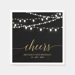 Black & Gold   Elegant Lights Adult Birthday Party Napkins