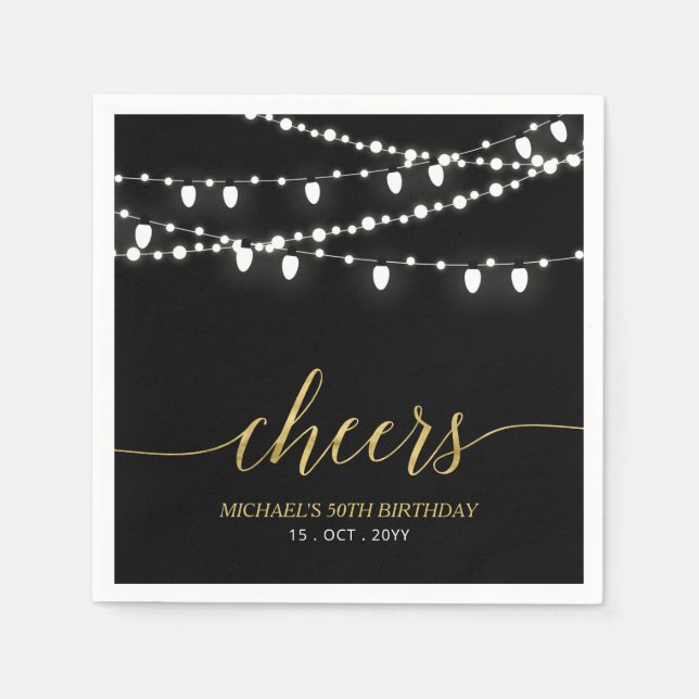 Black & Gold | Elegant Lights Adult Birthday Party Napkins (Front)