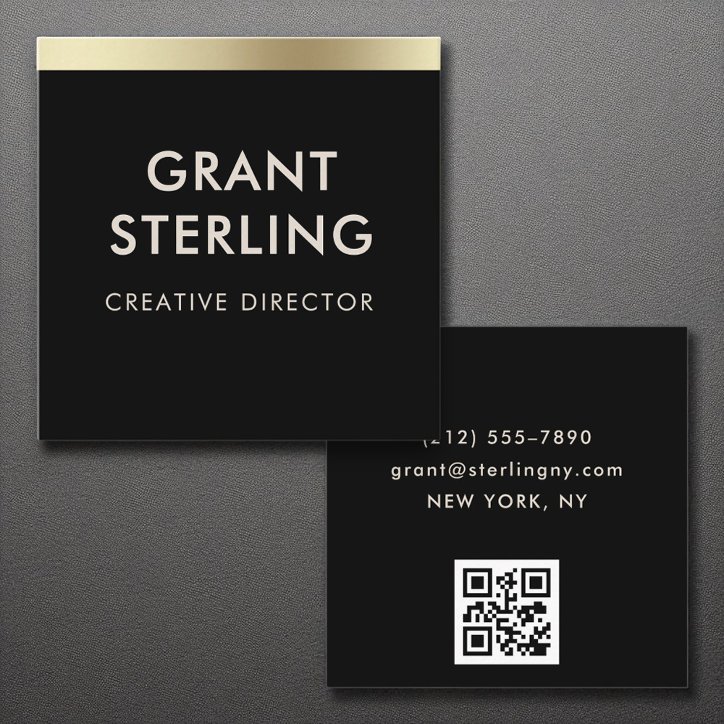 Black Gold Elegant Minimal Typography QR Code Square Business Card