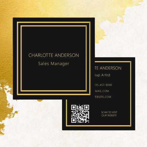Black gold elegant minimalist QR code Square Business Card