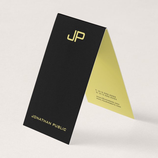 Black & Gold Elegant Modern Monogram Tent Fold Business Card (Front)