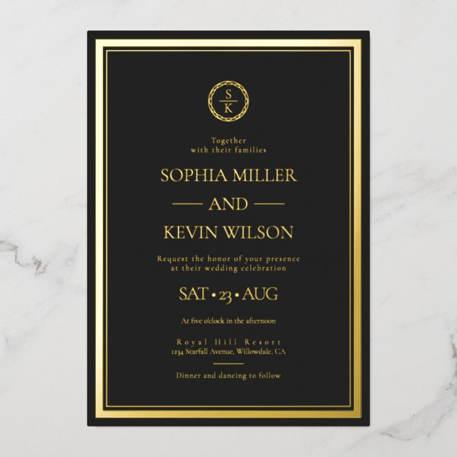 Black Gold Elegant Modern Monogrammed Wedding Foil Invitation (Front)