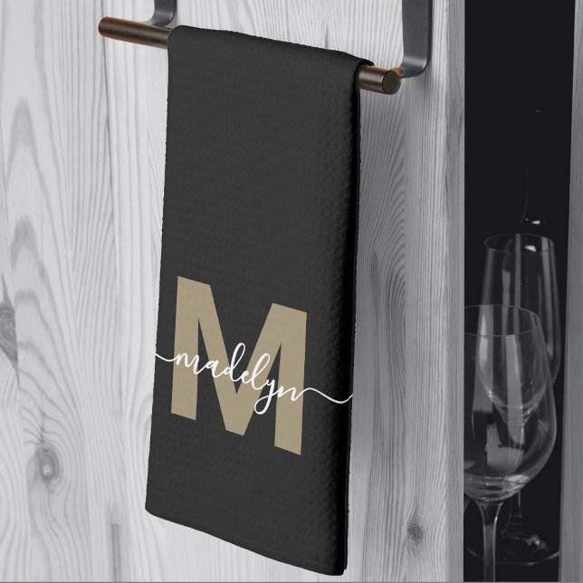 Black Gold Elegant Modern Script Name Monogram Kitchen Towel (Black Gold Elegant Modern Script Name Monogram kitchen towel)