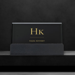 Black Gold Elegant Modern Simple Monogram Desk Business Card Holder