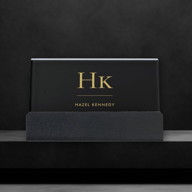 Black Gold Elegant Modern Simple Monogram Desk Business Card Holder (Creator Uploaded)