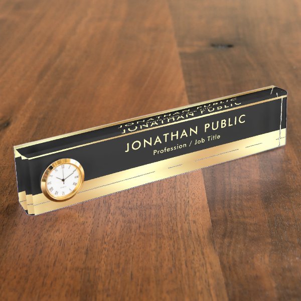 Black Gold Elegant Modern Template With Clock Glam Desk Name Plate Custom Products