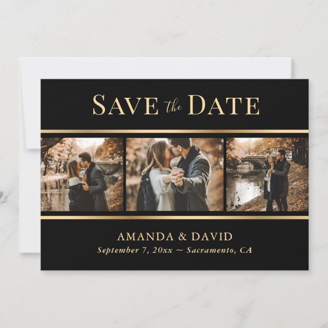 Black Gold Elegant Modern Wedding Photo Save The Date (Front)