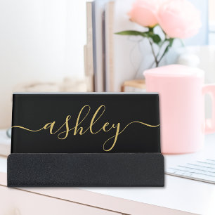 Black Gold Elegant Monogram Calligraphy Name Desk Business Card Holder