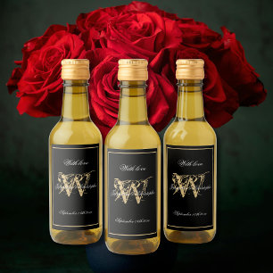 Black & Gold Elegant Monogram Chic Mini Wedding Wine Label