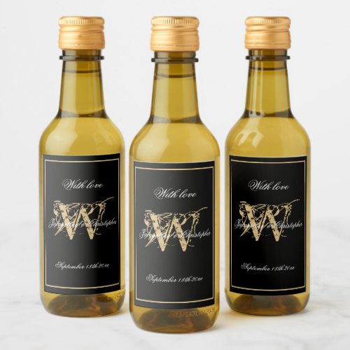 Black  Gold Elegant Monogram Chic Mini Wedding  Wine Label