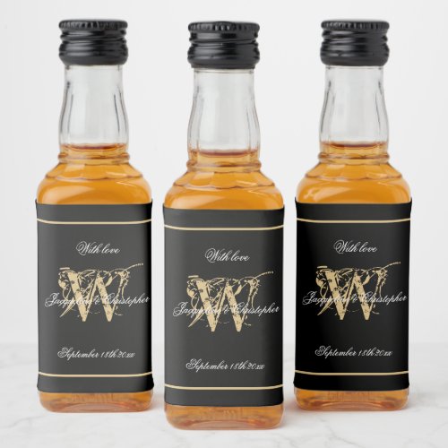Black  Gold Elegant Monogram Chic Wedding Mini  Liquor Bottle Label