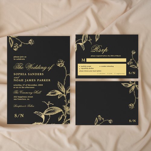 Black gold elegant monogram meal choice wedding RSVP card