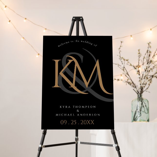 Black Gold Elegant Monogram Modern Wedding Welcome Foam Board (In Situ (Stand))