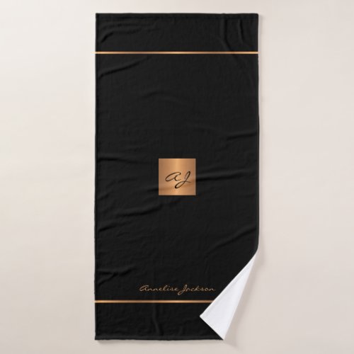 Black gold elegant monogram name personalized bath towel