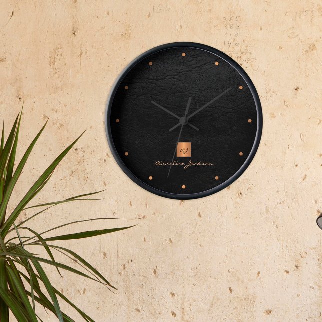 Black gold elegant monogram name personalized round clock (Creator Uploaded)