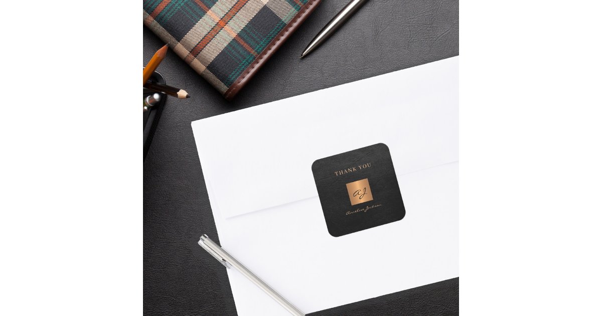 Black gold elegant monogram name thank you square sticker | Zazzle