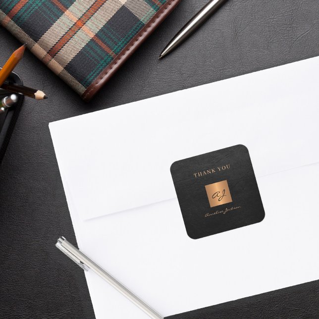 Black gold elegant monogram name thank you square sticker (Creator Uploaded)