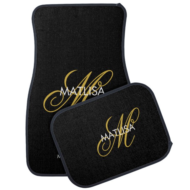 Black & Gold Elegant Monogram Script Car Floor Mat (Set)
