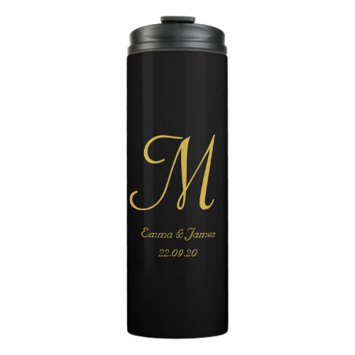 Black Gold Elegant Monogram Script Initial Name   Thermal Tumbler