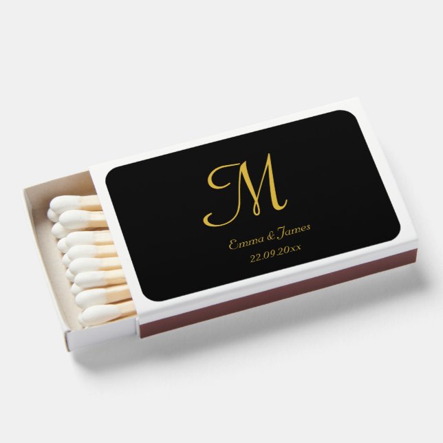 Black & Gold Elegant Monogram Script Name Wedding  Matchboxes (Front Open)