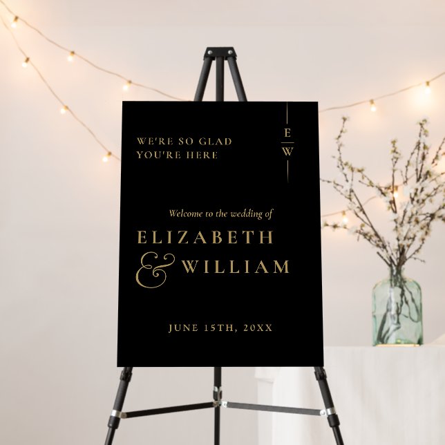 Black Gold Elegant Monogram Wedding Welcome Sign (In Situ (Stand))