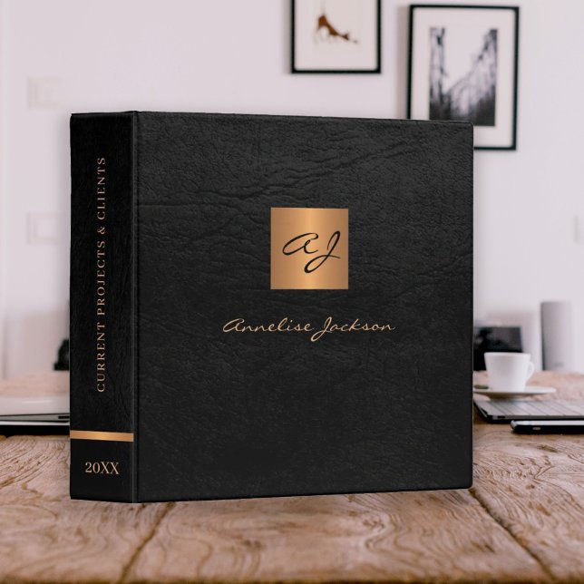 Black gold elegant monogrammed leather classy 3 ring binder (Creator Uploaded)