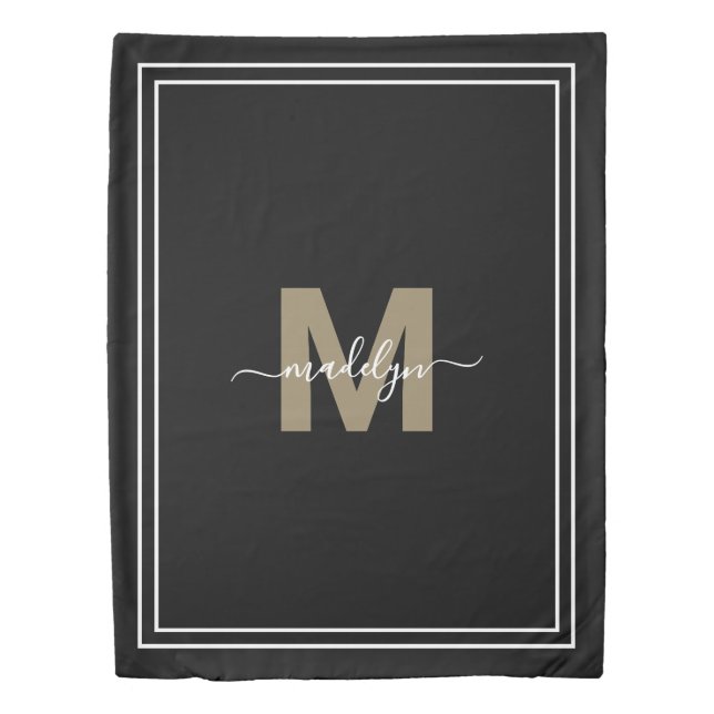 Black Gold Elegant Name Monogram Duvet Cover (Front)