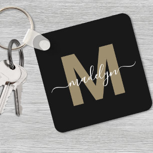Black Gold Elegant Name Monogram Keychain