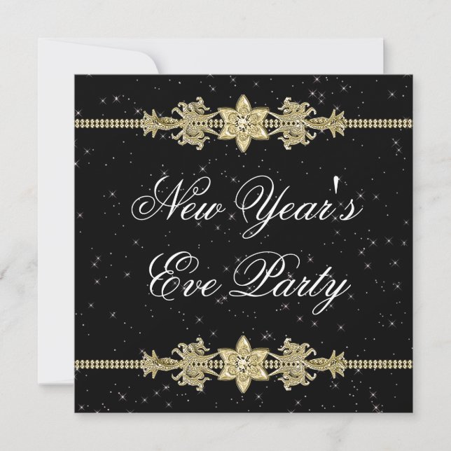 Black Gold Elegant New Years Eve Party Invitations (Front)