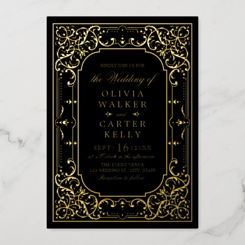 Black Gold elegant ornate romantic vintage wedding Foil Invitation
