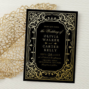 Black Gold elegant ornate romantic vintage wedding Foil Invitation