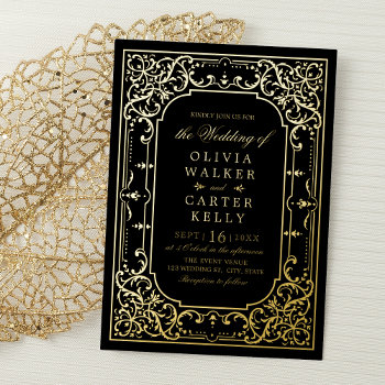 Black Gold Elegant Ornate Romantic Vintage Wedding Foil Invitation by AvaPaperie at Zazzle