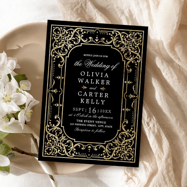 Black gold elegant ornate romantic vintage wedding invitation (Black gold elegant ornate romantic vintage wedding invitation)