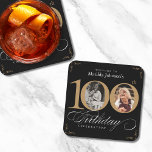 Black Gold Elegant Photo 100th Birthday Party Square Paper Coaster<br><div class="desc">Black Gold Elegant Photo 100th Birthday Party Square Paper Coaster. And elegantly designed special birthday celebration,  featuring a custom photo of birthday person and script calligraphy with vintage flourish elements. Simple enough to fit a variety of themes and colors!
Need help? Simply contact me!</div>