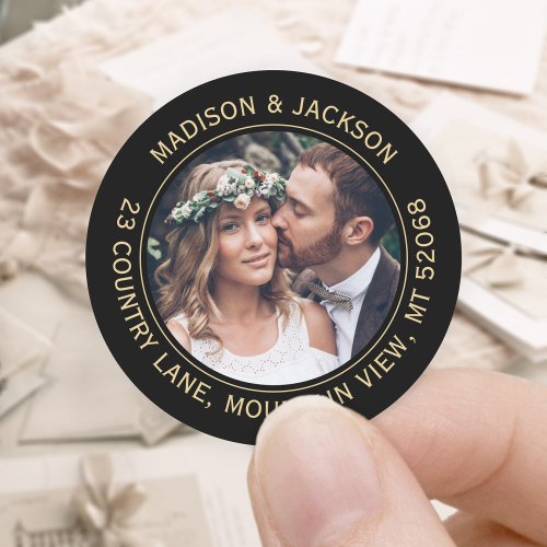 Black  Gold Elegant Photo Return Address Wedding Classic Round Sticker