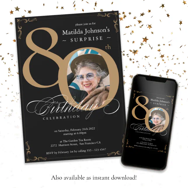 Black Gold Elegant Photo Surprise 80th Birthday Invitation | Zazzle