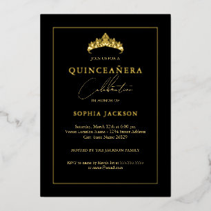 Black Gold Elegant Quinceanera 15th  Foil Invitation