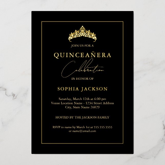 Black Gold Elegant Quinceanera 15th  Foil Invitation (Front)