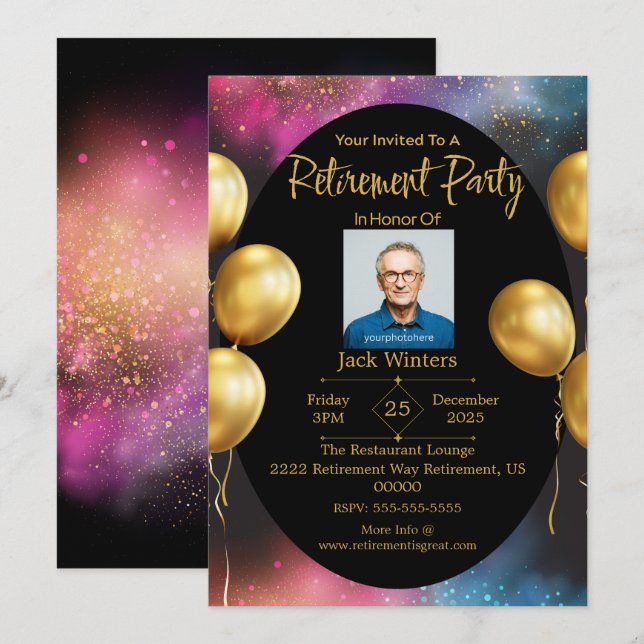 Black Gold Elegant Retirement Party Invitation (Front/Back)